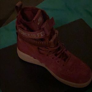 Burgandy high top suede Air Force 1’s